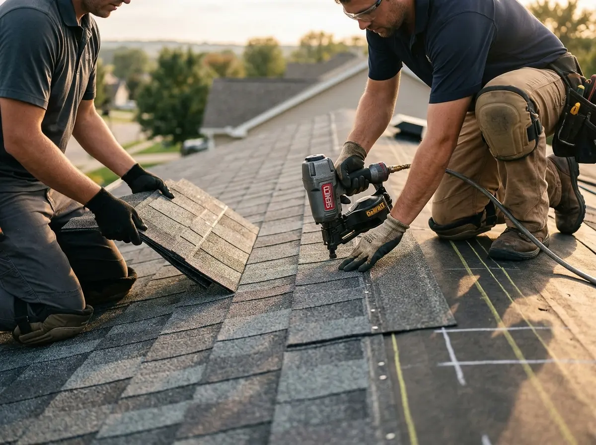 Professional roofer working on a residential roof in Boulder